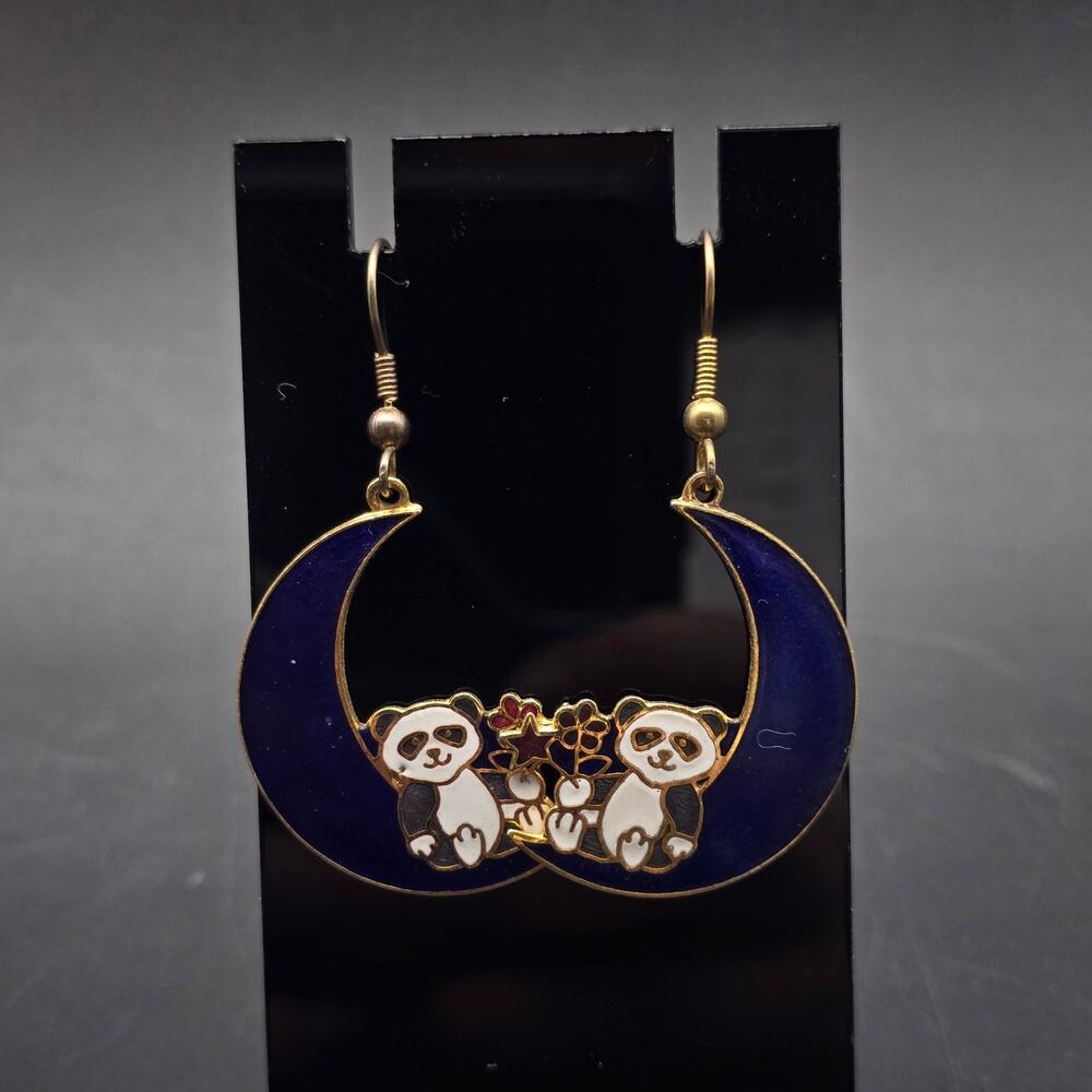 Cloisonne Panda Bears on Moon Earrings Enamel 1980s Vintage Jewelry - Picture 2 of 7